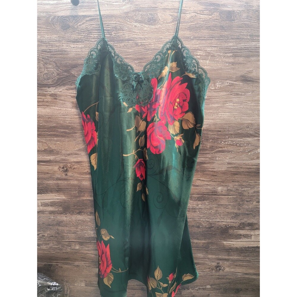 Solange Satin Green Floral Silky Camisole Nightie Slip Plus Size 14/16
